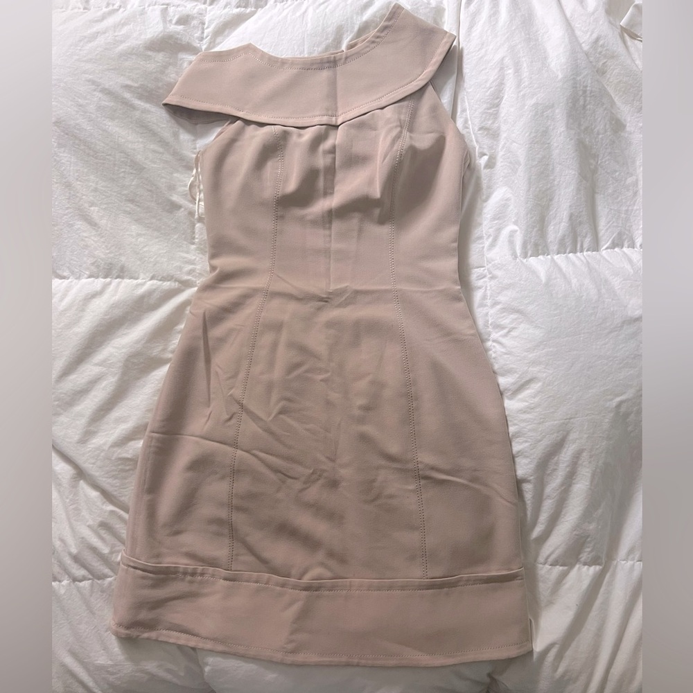 Adolfo Dominguez dress one shoulder beige faux suede back zip 38